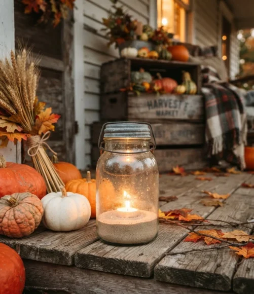 A Vintage Jar Luminary with Sand and a Candle