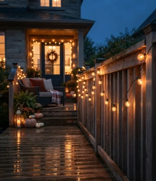 Amber String Lights Wrapped Along the Railing