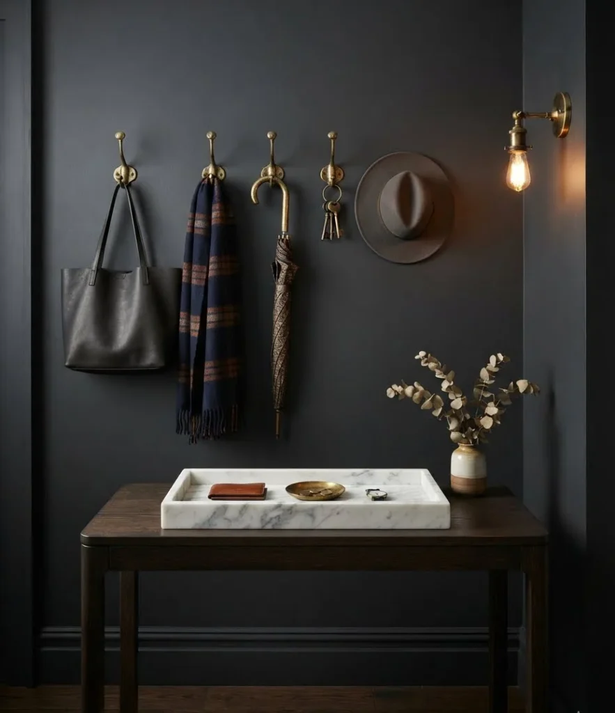 Antique Brass Hooks Above Marble Drop Zone