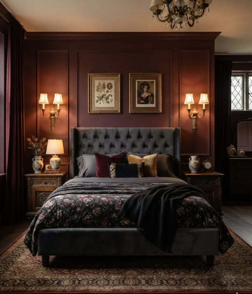 Antique Brass Sconces Flanking the Bed
