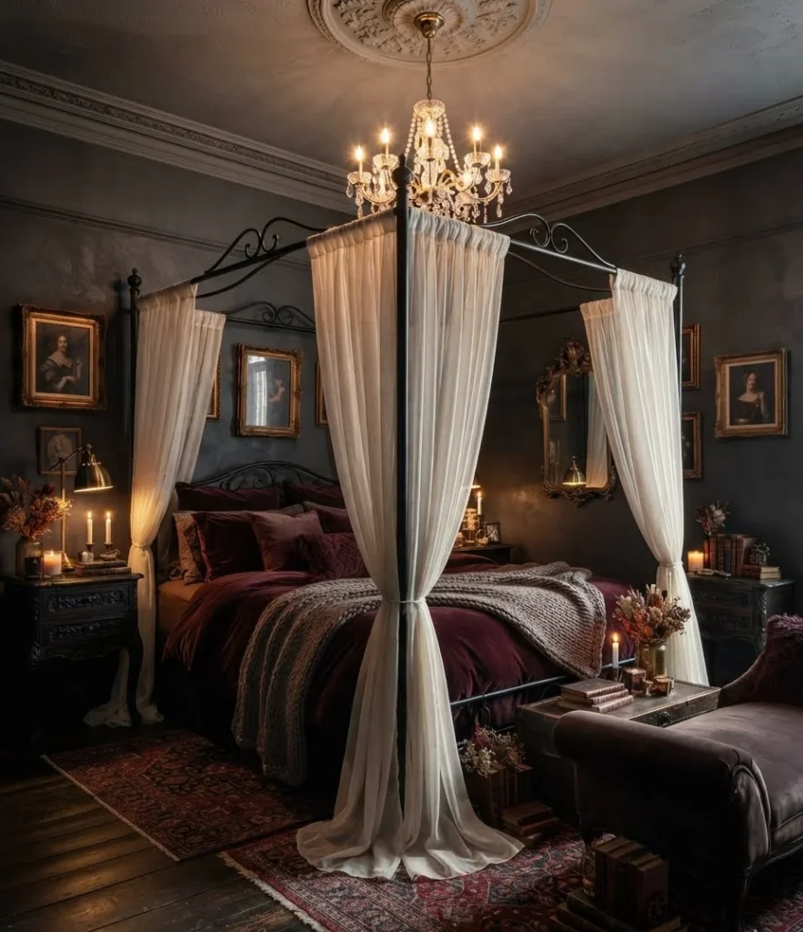 Black Four-Poster Canopy Bed with Sheer Drapes