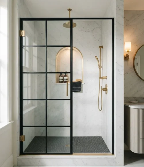 Black Grid Glass Shower Door with Brass Hardware