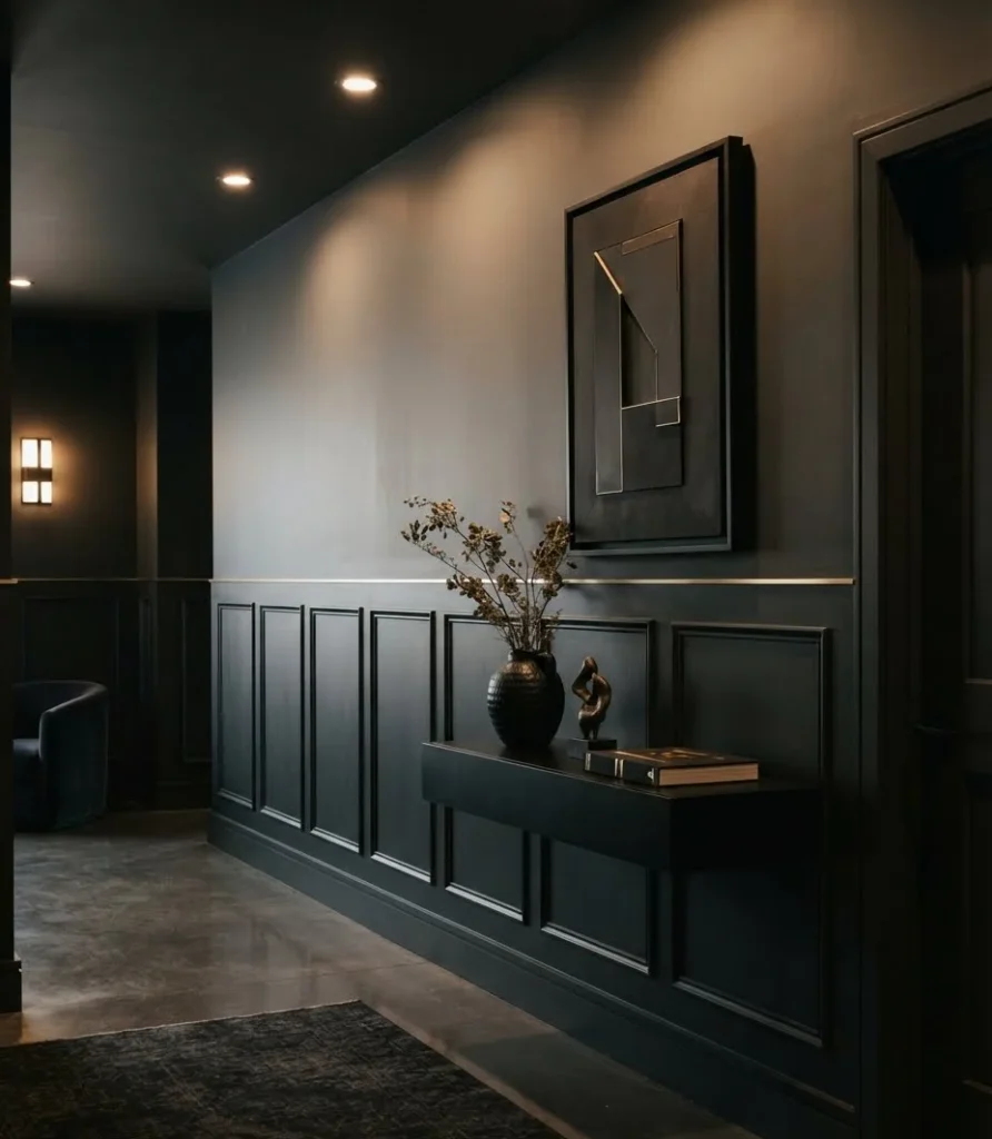 Black Paneled Wainscoting with Brass Trim