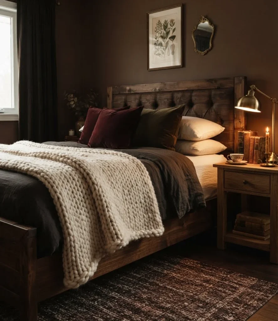 Chunky Knit Throw Over Dark Chocolate Bed Frame