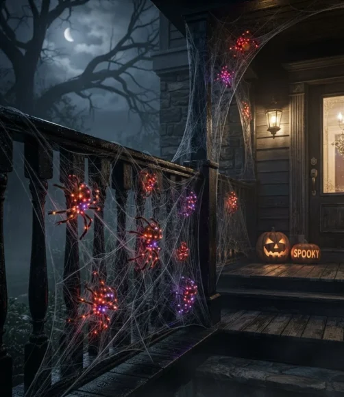 Cobweb-Draped Porch Railing with Glowing Spiders