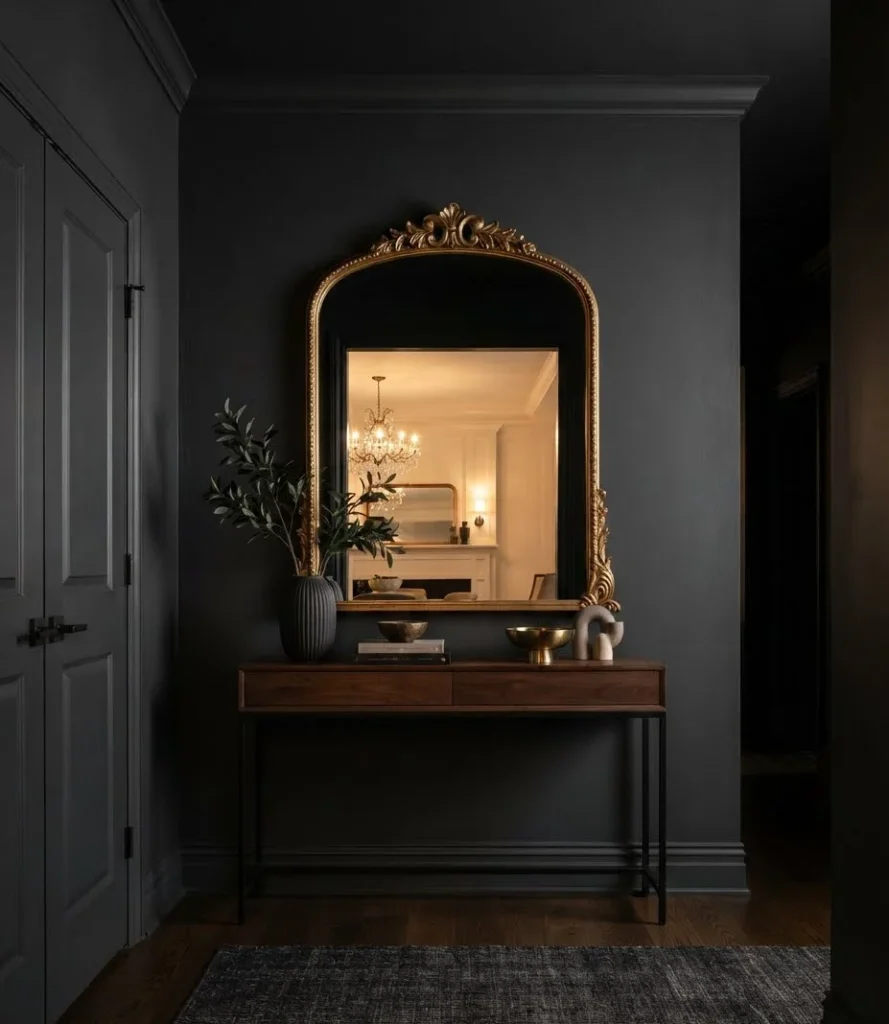 Color-Drenched Deep Charcoal Foyer