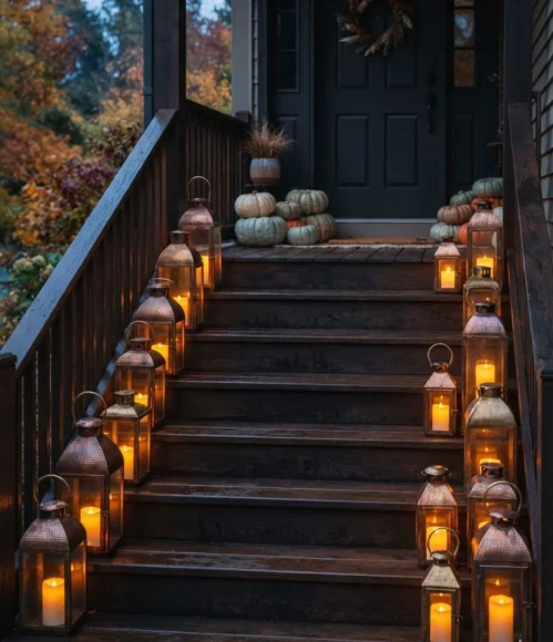 Copper Lanterns Lining the Porch Steps