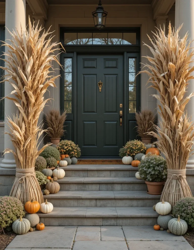 Corn Stalk Bundles Flanking the Front Steps