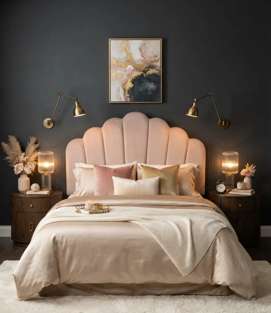 Curved Scallop Headboard in Blush Velvet