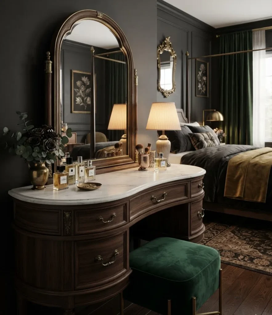 Curved Vanity Table with Brass Hardware