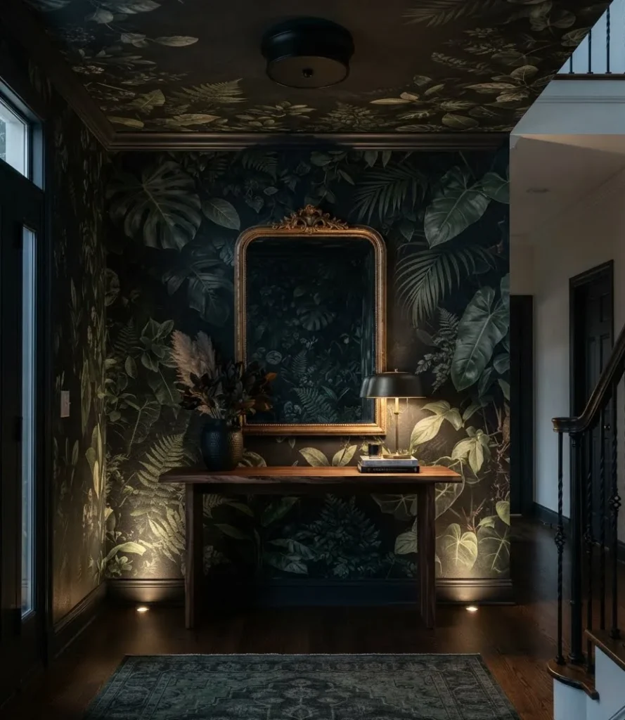 Dark Botanical Mural Accent Foyer