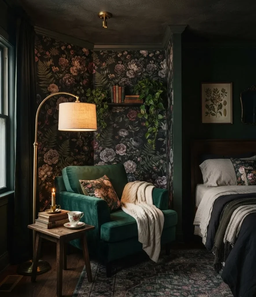 Dark Botanical Wallpaper Reading Nook