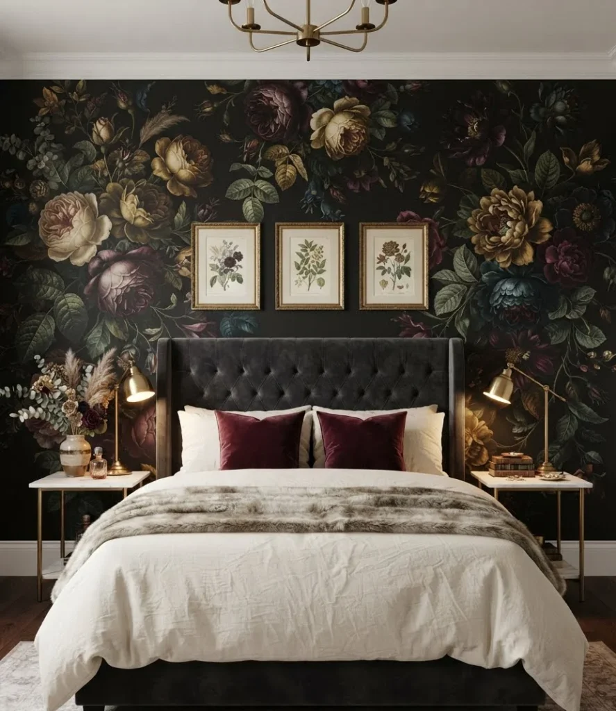 Dark Floral Mural Wallpaper Accent Wall