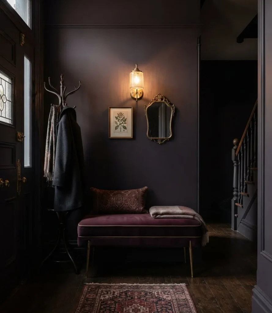Deep Plum Entryway with Velvet Bench