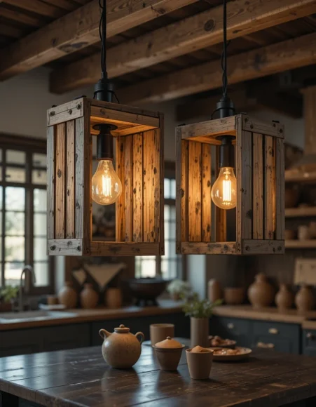 Distressed Wood Crate Pendant Pair
