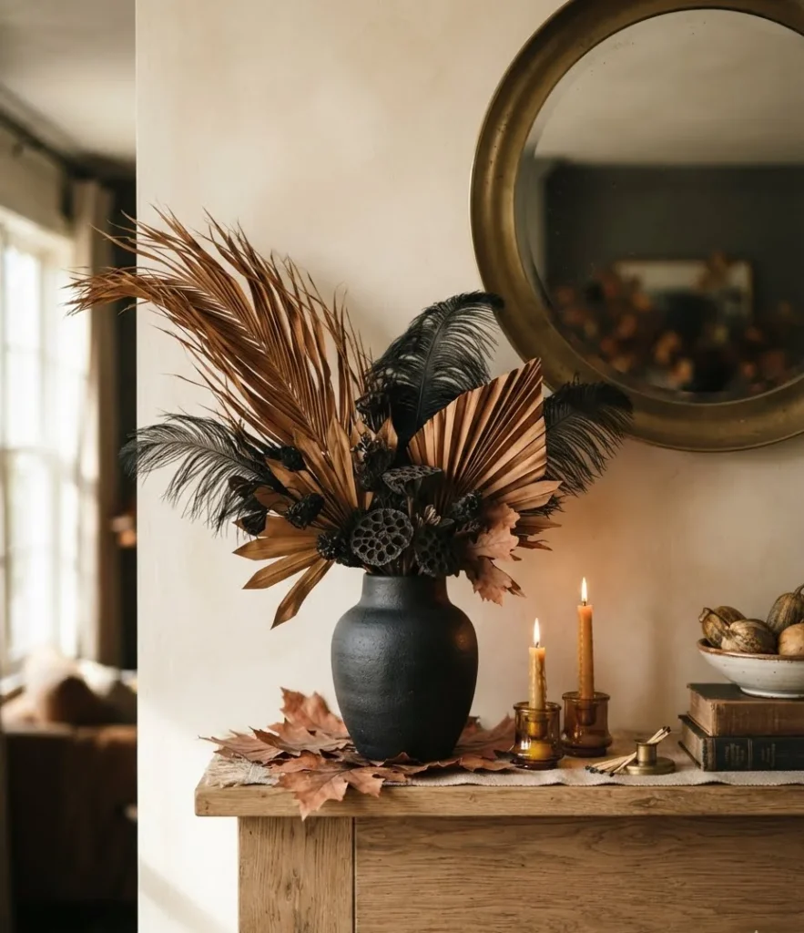 Dried Palm and Black Feather Arrangement
