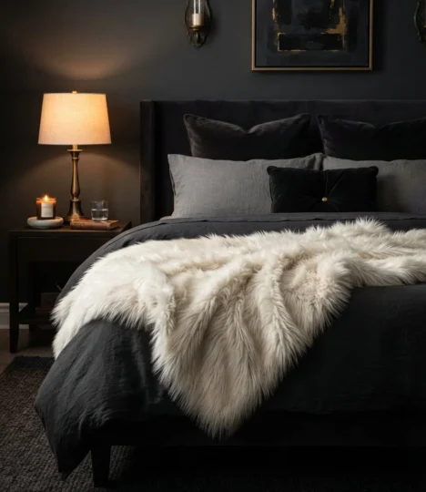 Faux Fur Throw Layered Over Charcoal Bedding