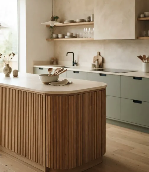 Fluted Oak Island with a Sage Green Perimeter