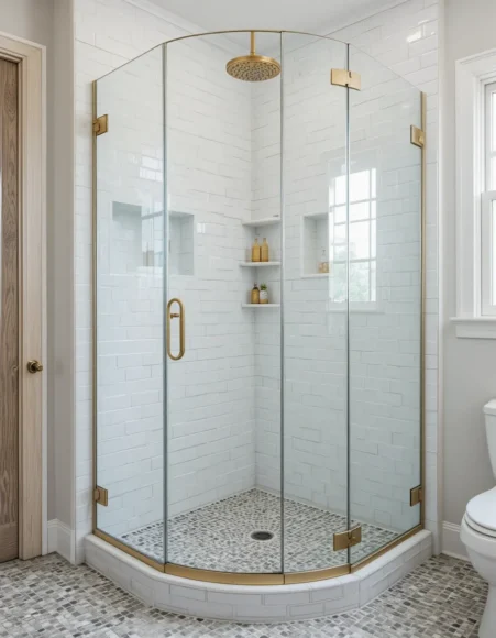 Frameless Glass Corner Shower with Brushed Brass