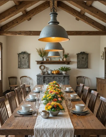 Galvanized Barn Pendant Row Over a Farmhouse Table