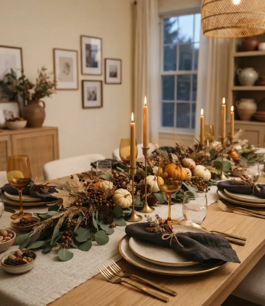 Garland Draped Along a Dining Table Runner
