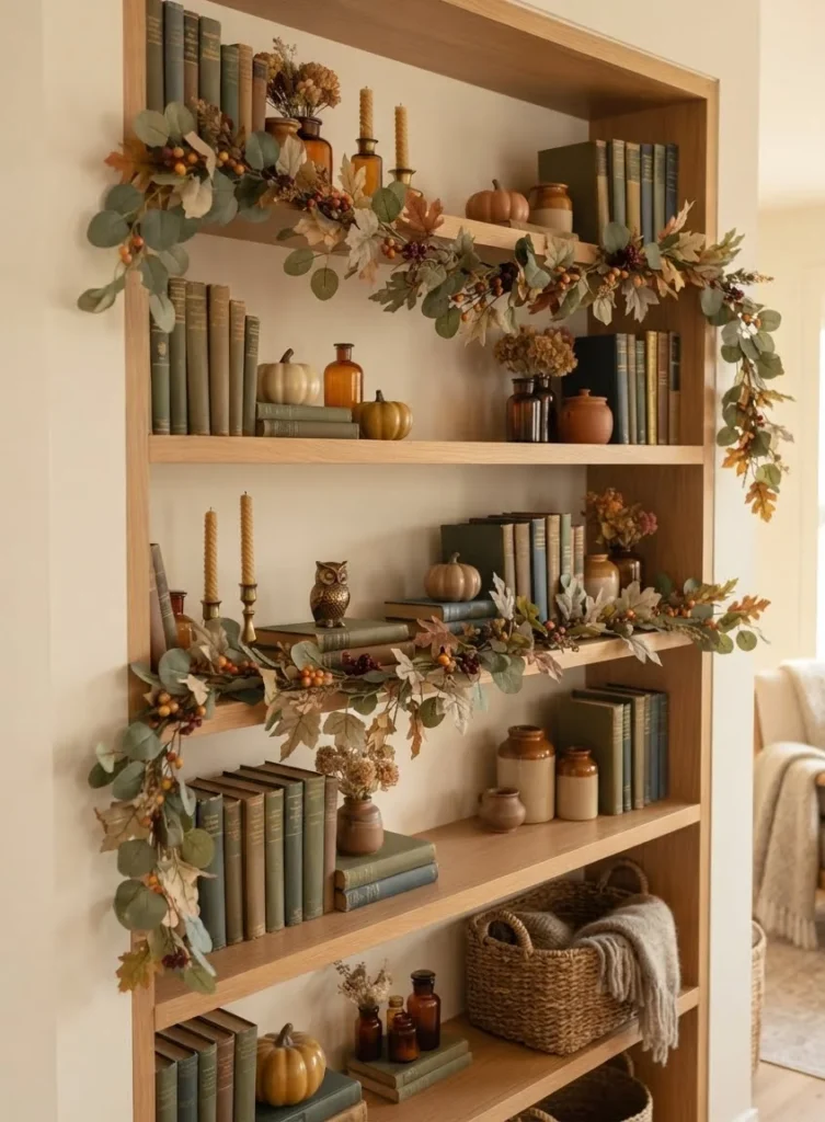Garland Woven Through a Bookshelf