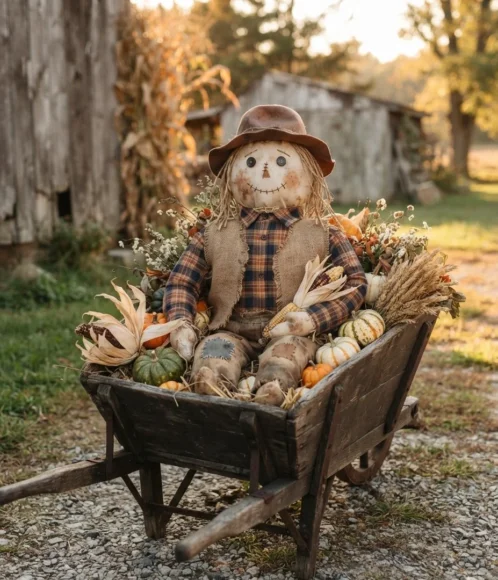 Grubby Muslin Scarecrow in a Wheelbarrow Display