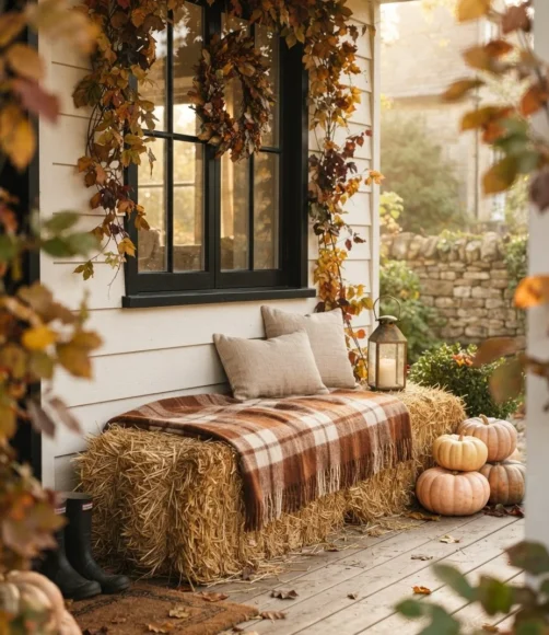 Hay Bale Bench Seating with Wool Throws