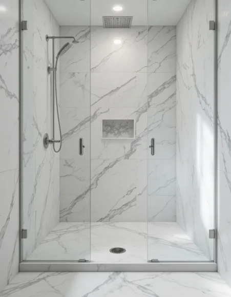 Honed Marble Curbless Shower with Hidden Drain