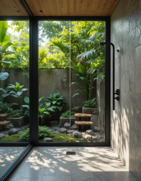 Indoor-Outdoor Glass Wall Walk-In Shower