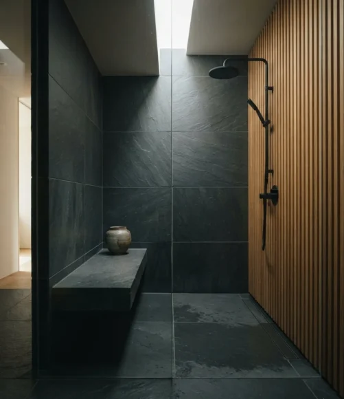 Large-Format Slate Japandi Wet Room