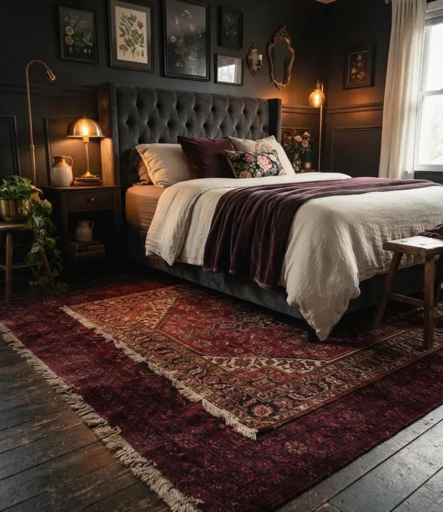 Layered Dark Rugs with a Vintage Pattern