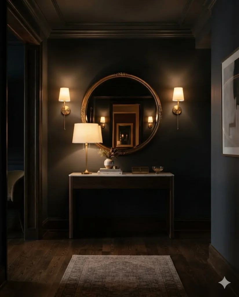 Layered Sconce and Table Lamp Foyer