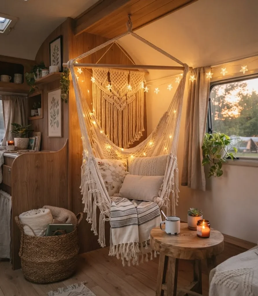 Macrame Hammock Nook with Fairy Lights