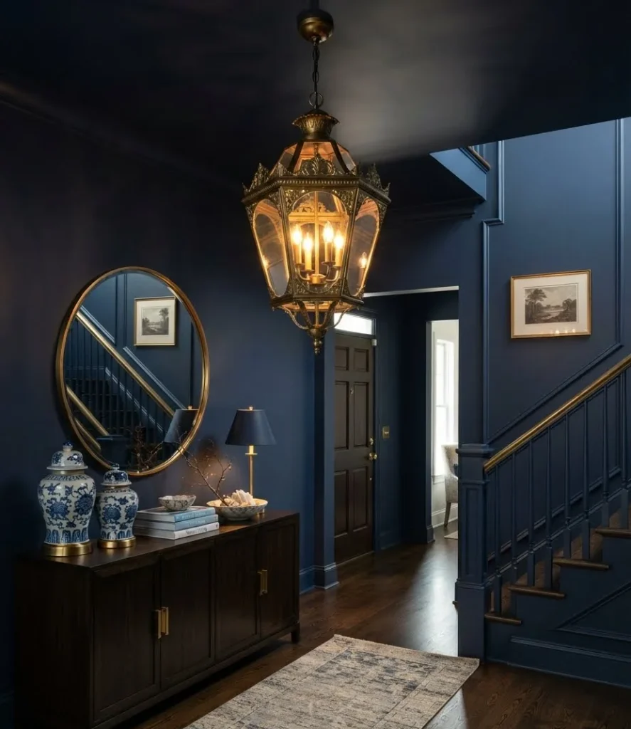 Midnight Navy Foyer with a Statement Lantern