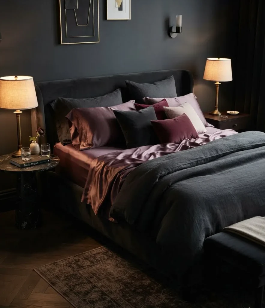 Mulberry Silk Sheets with Charcoal Duvet