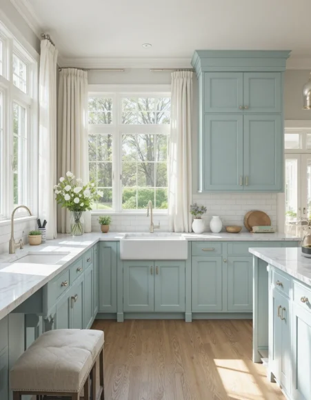 Muted Mint-Sage Cabinets with Polished Nickel