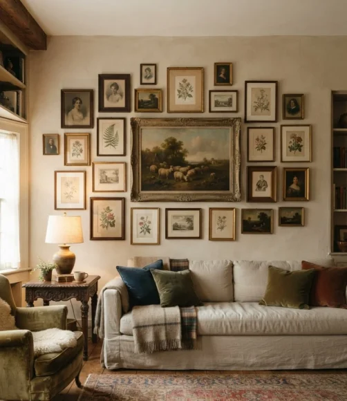 Organic Mixed-Frame Vintage Wall with a Center Anchor