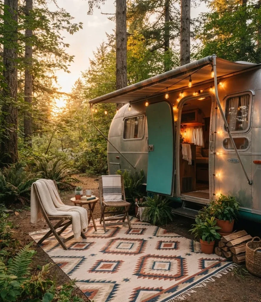Outdoor Rug and String Lights by the Door