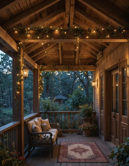 Overhead Beam Draped with Trailing Vine and Fairy Lights
