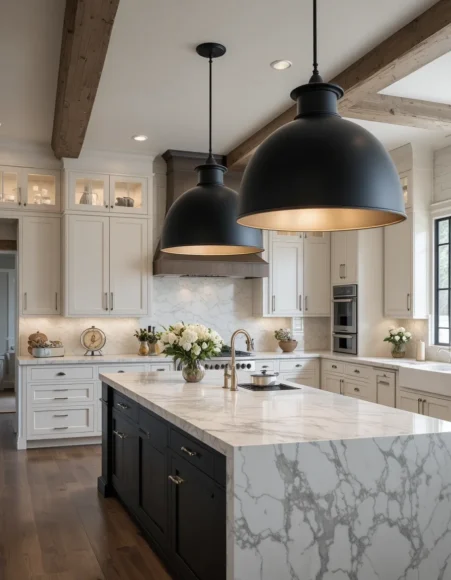Oversized Matte Black Domes over White Marble Island