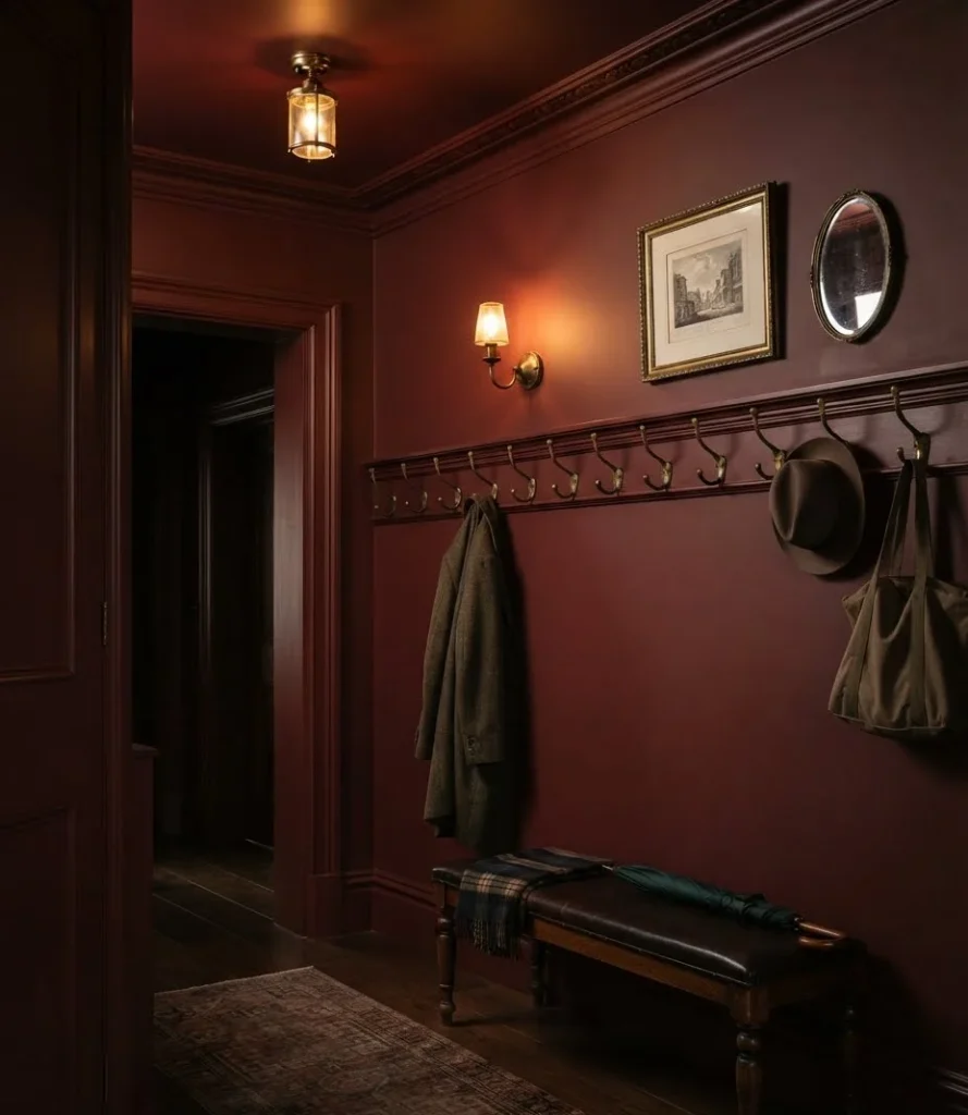 Oxblood Red Walls with Brass Coat Hooks