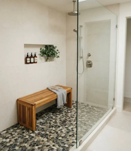 Pebble-Floor Spa Shower with Teak Bench