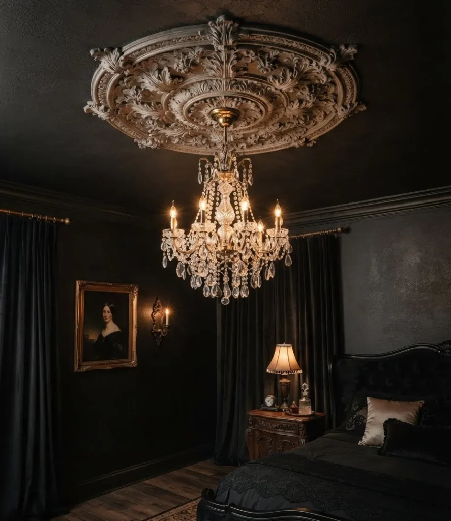 Plaster Ceiling Medallion Above Crystal Chandelier