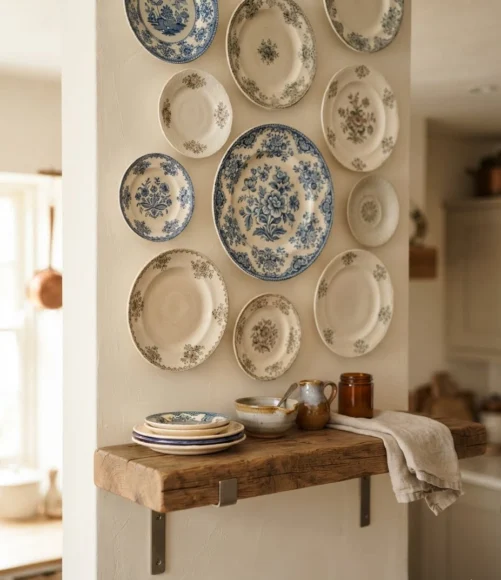 Plate Wall Layered Behind Open Shelving