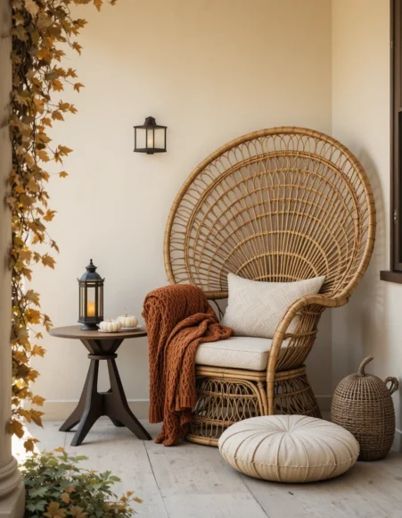 Rattan Peacock Chair Corner with a Knit Throw