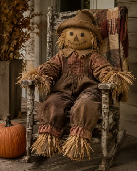 Rocking Chair Porch Scarecrow with Raffia Cuffs