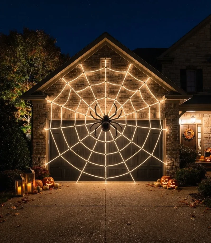 Rope Light Spiderweb on the Garage Door