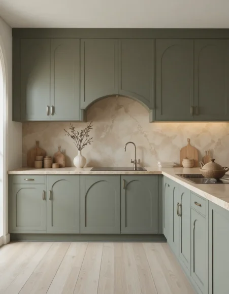 Sage Cabinets with Arched Doors, Japandi Style