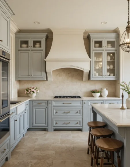 Sage Cabinets with Beige Travertine Subway Tile